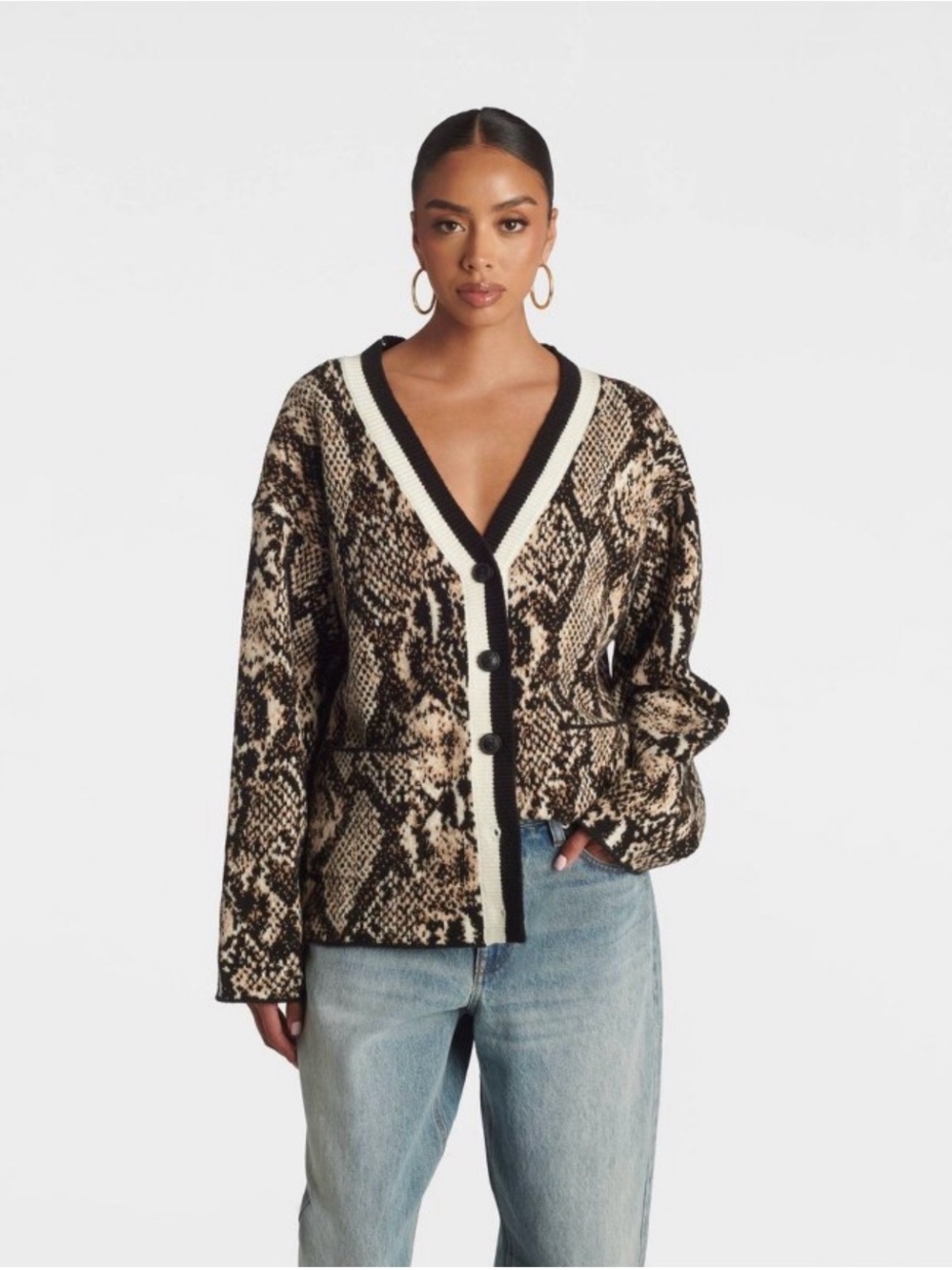 KBB by KAHLANA Women's Snake Print 'The Slouchy Cardigan Sweater' - Brown LARGE